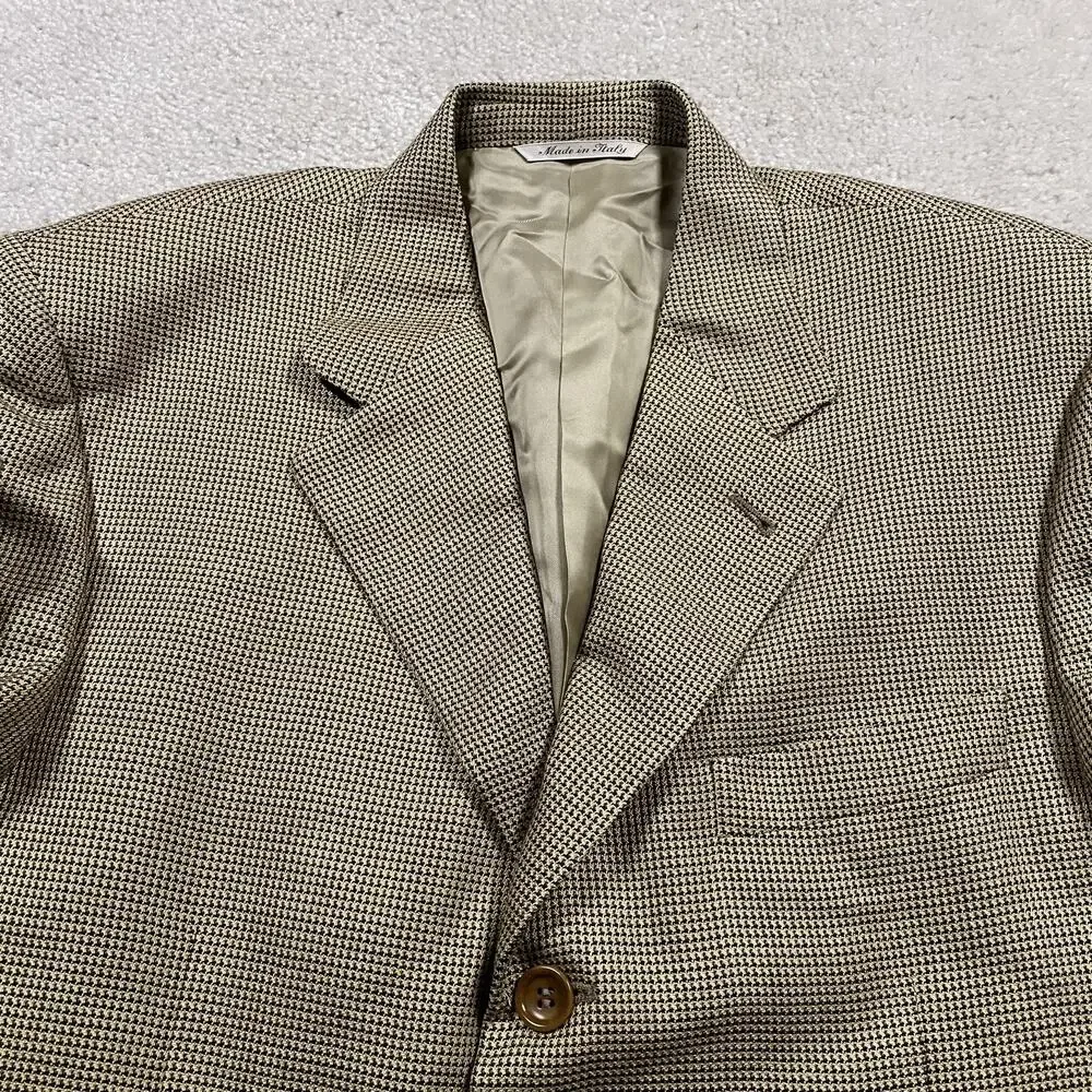 Canali Blazer Mens 48R Beige Brown Houndstooth Silk Wool Sport Coat Made Italy